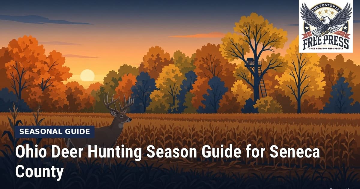 Fostoria News Ohio deer hunting season guide in Seneca County sunset illustration.